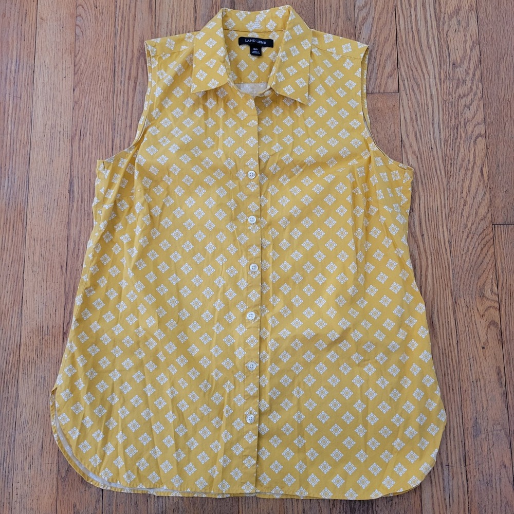 Lands End 6P Sleeveless Button Down Yellow Geometric Cotton Summer Beach Dainty